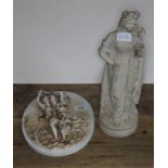 A Parian ware figure of a lady and a Parian ware wall plaque figure group, heights 37cm & 28cm.