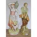 Two Royal Dux figures, a water carrier with goat and a girl carrying wheat, model numbers 12340 &