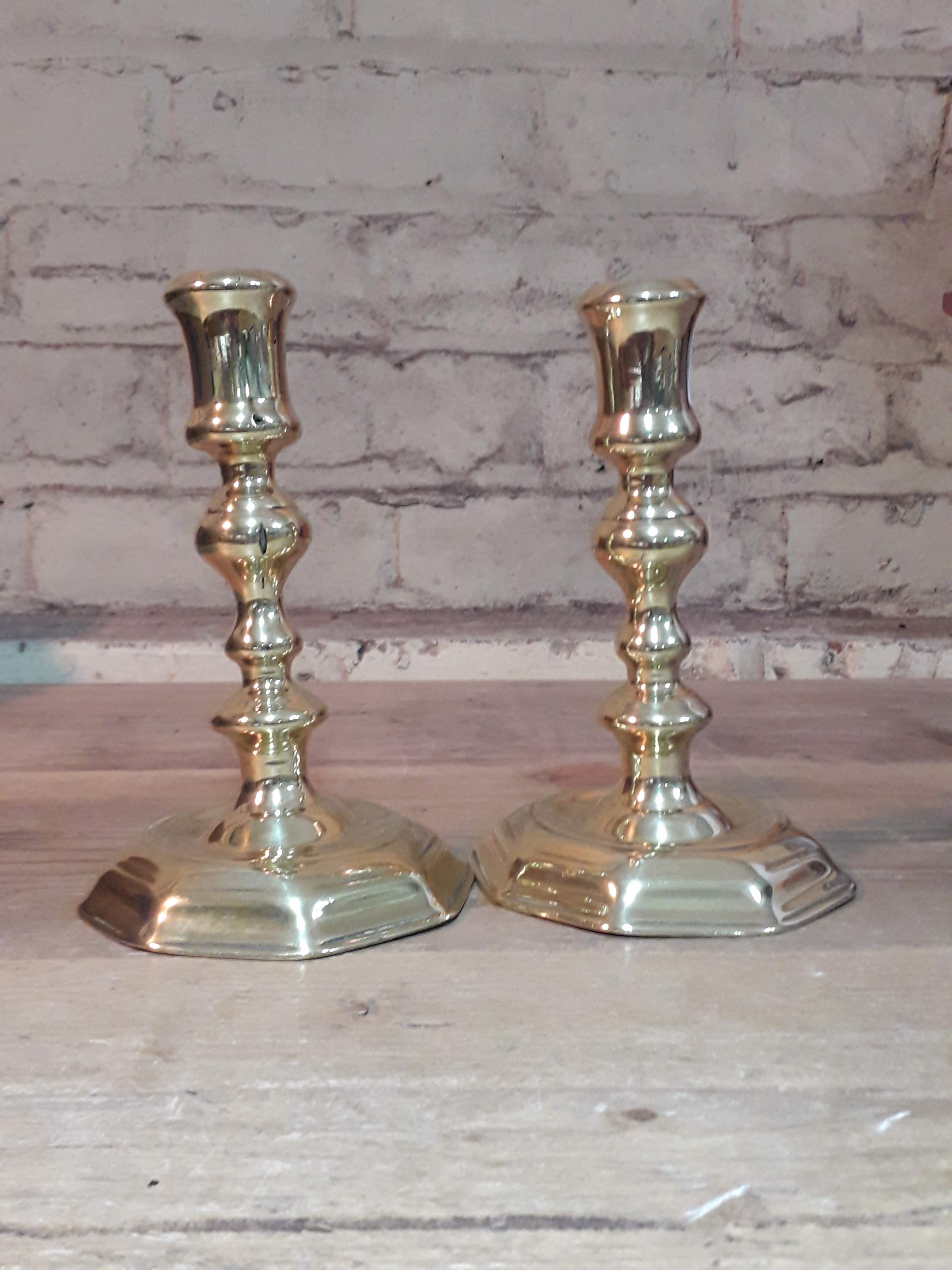 A pair brass candlesticks, heights 17cm. Condition: dents to both sticks. - Image 3 of 5
