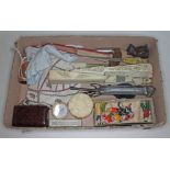 A tray of assorted bric a brac including fans, die cast Snow White and the Seven Dwarfs,
