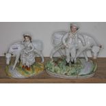 Two 19th century Staffordshire figures and cows with maid and farmer, heights 21cm & 17cm, lengths