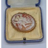 A carved shell cameo brooch, mount marked '9ct', gross wt. 13.98g.