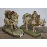 A Royal Dux figure of two horses with bridles & reins together with a figure of donkey and foal,