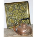 Arts & Crafts metal ware comprising a copper kettle and an embossed brass tray.