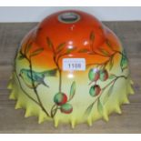 A vintage glass light shade with flared rim, painted with birds in an apple tree, height 15cm ,