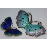 Two enamel butterfly brooches marked 'Sterling Silver', lengths 38mm and 56mm. Condition - the