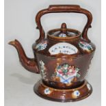 Edwardian sprigged bargeware teapot and stand with named plaque T & I Humes 1908