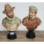 A pair of 19th century Goldscheider busts of men in Elizabethan dress on stands, model numbers 316 &