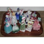 A tray containing 14 small Royal Doulton lady figures, including Bo Peep, Ninette, Valerie etc