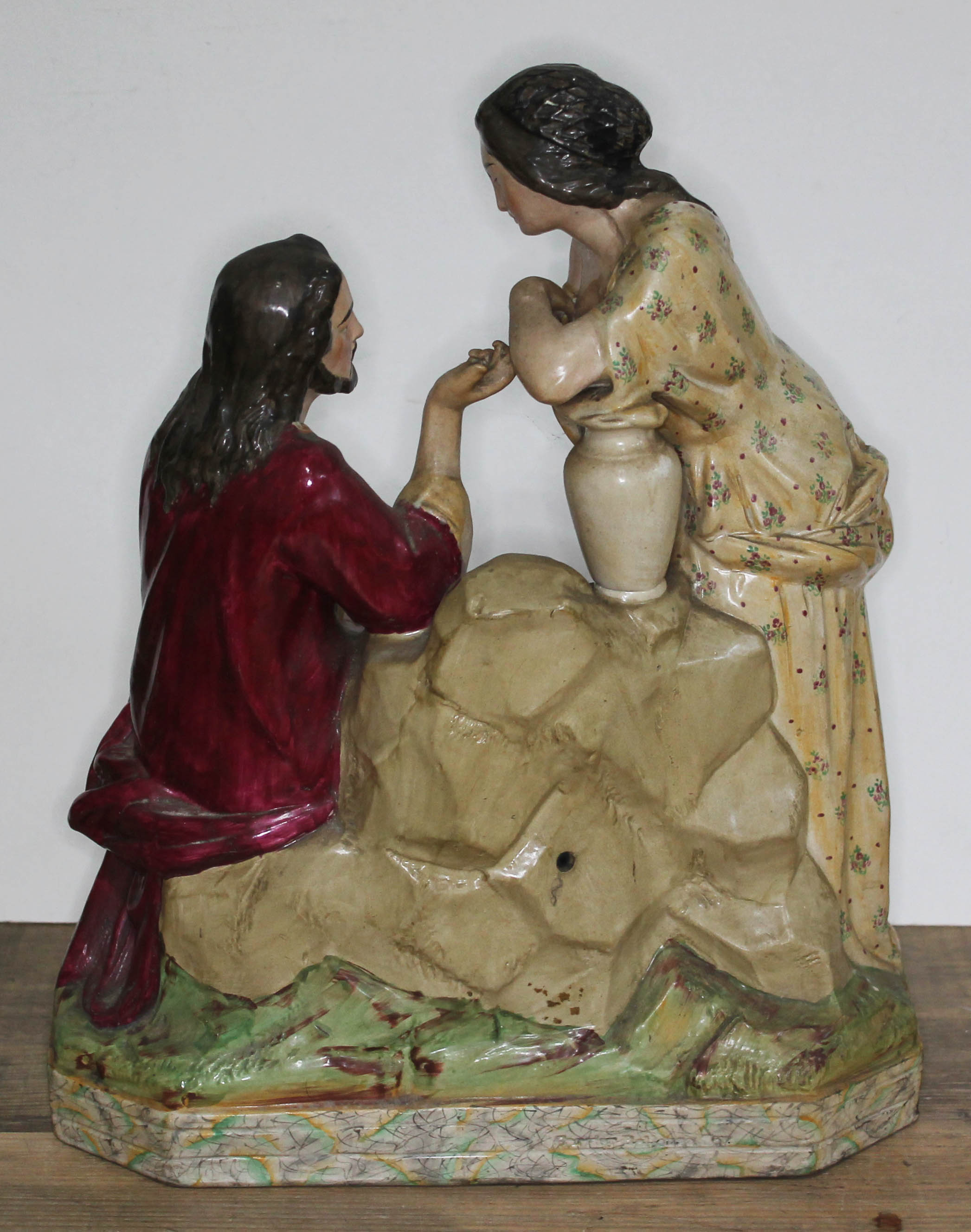 A large 19th century pottery figure group after Carrier Belleuse depicting a courting couple by a - Image 2 of 2