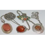 A mixed lot of silver and white metal jewellery comprising a goldstone pendant on chain, an Art
