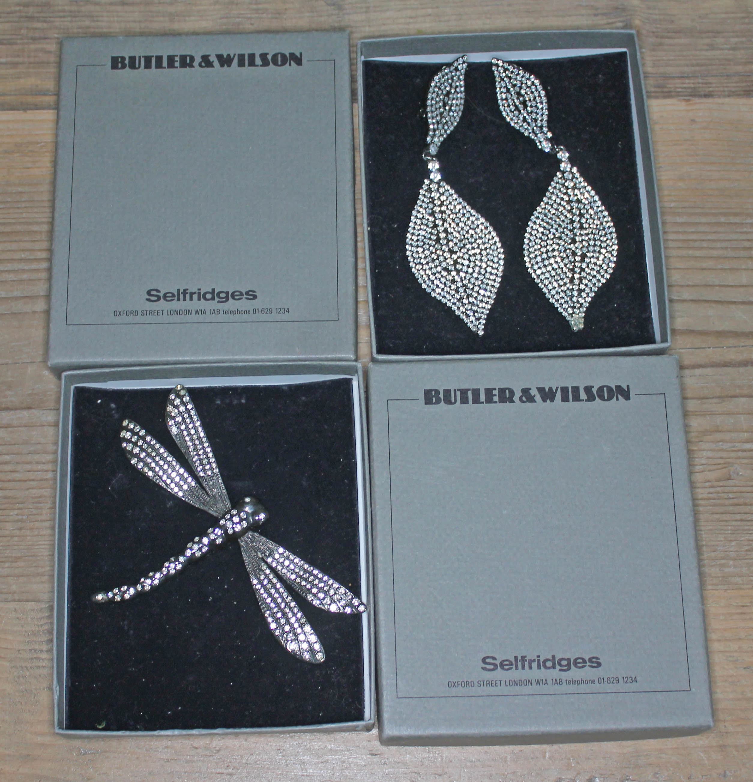 Butler & Wilson costume jewellery comprising a pair of drop earrings and a butterfly brooch, both