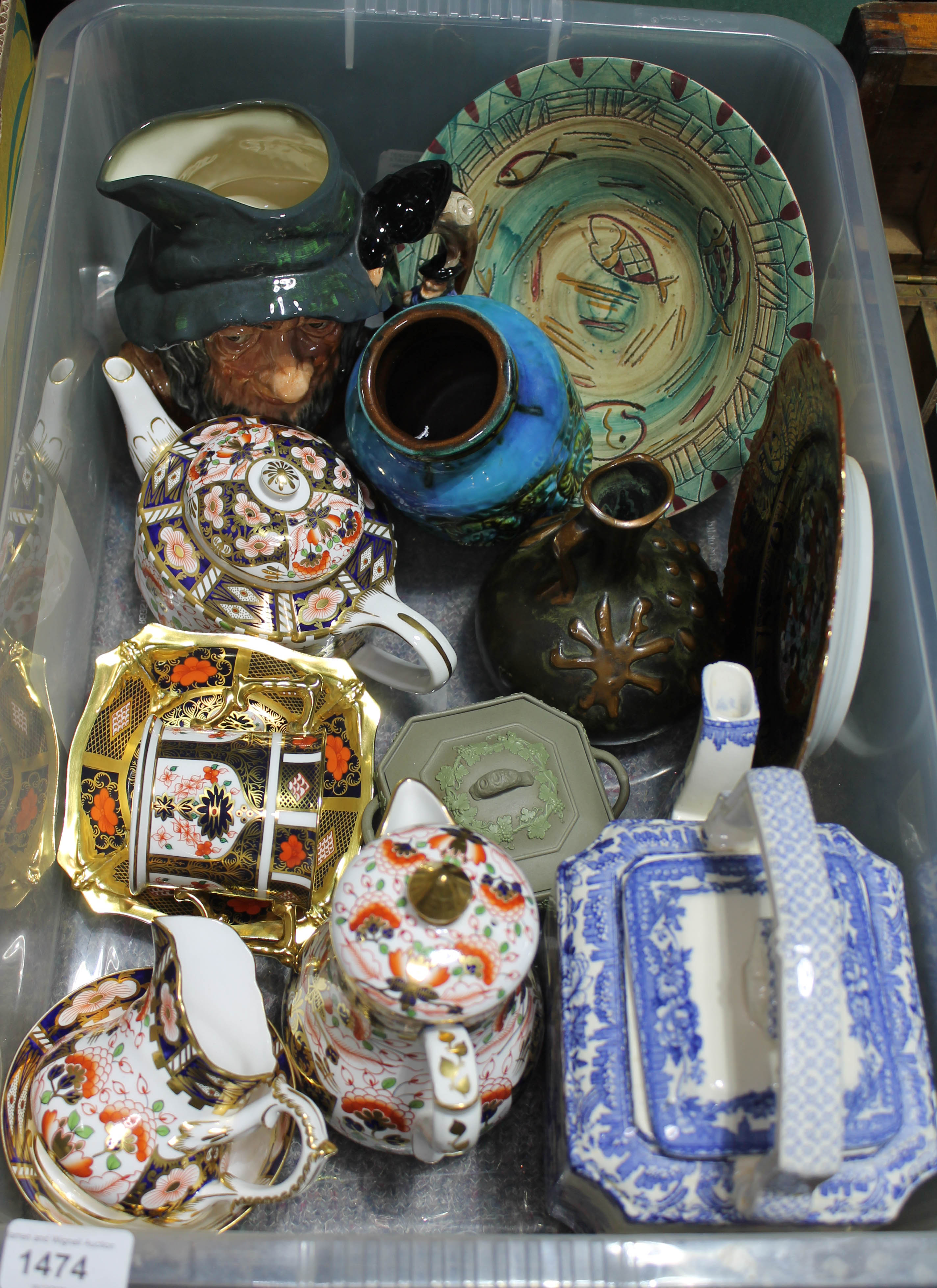 A box of mixed porcelain and pottery including Derby, Royal Crown Derby, Mason's, a West German