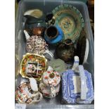 A box of mixed porcelain and pottery including Derby, Royal Crown Derby, Mason's, a West German