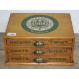 A vintage J & P Coats 3 drawer wooden sewing box with brass shell handles, and contents including