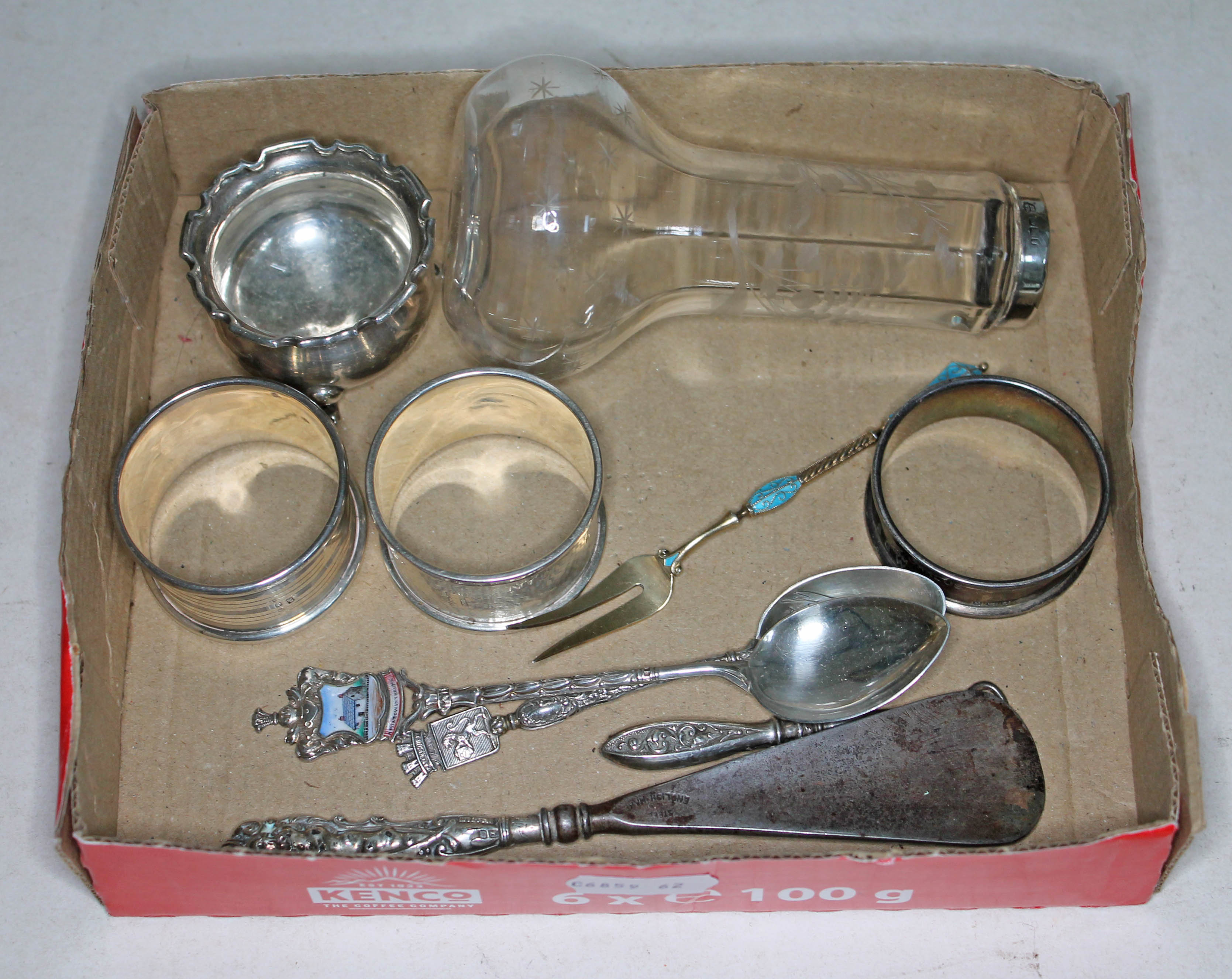 A mixed lot including a Marius Hammer silver enamel pickle fork and other hallmarked silver items