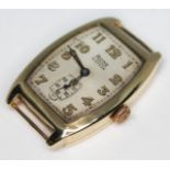 A 1930s hallmarked 9ct gold Rone wristwatch, the signed dial having Arabic numerals, cathedral hands