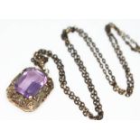 An amethyst set pendant marked '333' on chain marked '925', gross wt. 9.13g.