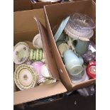 A box of china including cups and saucers and a box of mixed pottery Catalogue only, live bidding