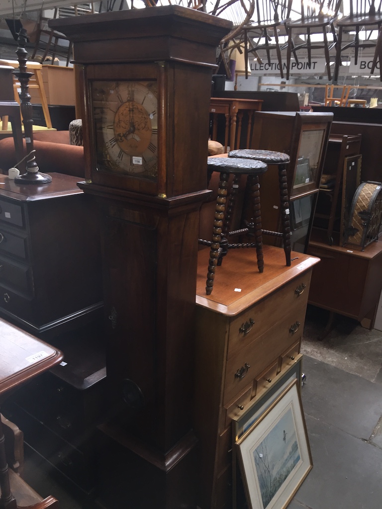 A Sam Harley - Salop, mahogany long case clock with brass dial - with weights, chains, pendulum