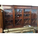 A reproduction mahogany breakfront cabinet bookcase with secretaire drawer Catalogue only, live