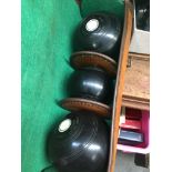 A set of Thomas Taylor 2 full bias green bowls and jack in Mitre leather case. Catalogue only,