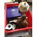 Red box with Noritake vase, Edinburgh glasses, wooden items etc. Catalogue only, live bidding