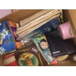 A mixed box including LPs, old tins, 7" singles, vintage bible etc Catalogue only, live bidding