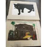 Two unframed lithographs, ones of a black cat, signed 'Myers' in pencil lower right, the other of