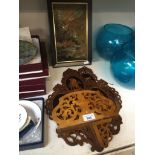 Pair of marquetry wall brackets and a small pair of oil paintings Catalogue only, live bidding