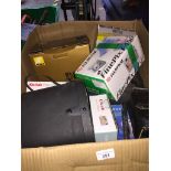 A large box of cameras and accessories to include Olympus, digital cameras, Brownie, Sony handheld