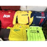 Collection of vintage football tops to include Liverpool, Man United, Arsenal, Barcelona, etc.