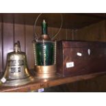 A mahogany box, copper musical decanter and brass bell Catalogue only, live bidding available via