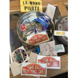 Tin of motor rally memorabilia relating to M. Fiddler Catalogue only, live bidding available via our