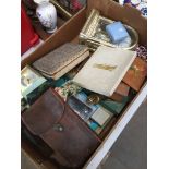 Box of misc inc clock, old folding camera etc. Catalogue only, live bidding available via our