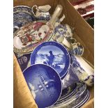 A box of mainly blue and white pottery including Royal Copenhagen plates Catalogue only, live