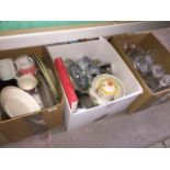 Two boxes of pottery inc mugs and a box of glass Catalogue only, live bidding available via our