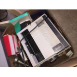 A box including slide projector, plated ware, 2 cameras etc Catalogue only, live bidding available