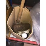A small box of tools including lump hammer head Catalogue only, live bidding available via our
