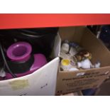 2 boxes of misc items to include pottery, 2 bags, etc. Catalogue only, live bidding available via