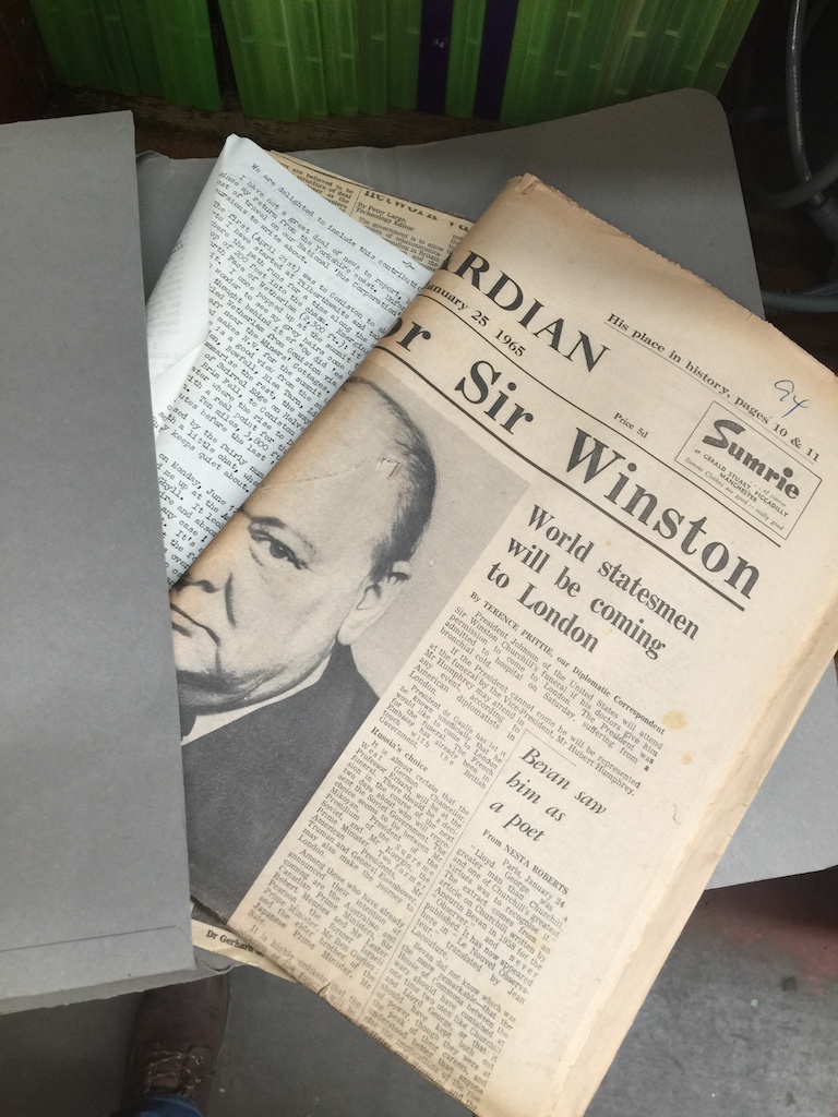 A folder of old newspapers to include The Guardian Sir Winston Churchill's funeral. Catalogue