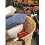 A wicker basket with various items inc books, etc Catalogue only, live bidding available via our