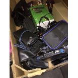 A box of cameras, accessories and mobile phones to include Miranda, Olympus, Vivitar, Panorama,