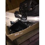 A box of cameras and electrical items to include Sigma SA-300, Panasonic TZ35, cables, etc.