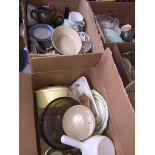 2 boxes of pottery including pyrex ware, plates etc Catalogue only, live bidding available via our