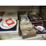 Boxed Spode plates, Wedgwood china vase, other collectors plates and two stonware bed warmers
