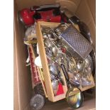 A box of kitchenalia including cutlery, pottery etc Catalogue only, live bidding available via our