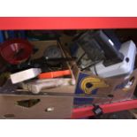 2 boxes of misc tools to include metal T squares, saws, mitre saw, grinder, flood light, etc.