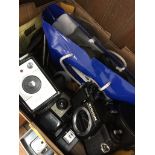 A box of cameras and accessories to include Coronet Ambassador, Chinon CM-3, Brownie 127, Miranda