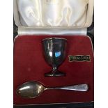 Viners silver christening cup and spoon - boxed Catalogue only, live bidding available via our